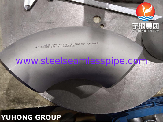 ASTM A815 S32750 وصلة من الفولاذ المقاوم للصدأ المزدوج كوع 90 درجة نصف قطر طويل لحام تلامسي B16.9