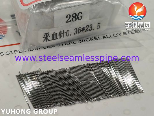 مشرط دم من الفولاذ المقاوم للصدأ 28G 23.5MM SUS304 لأخذ عينات الدم، طرف صلب ثلاثي الشطب